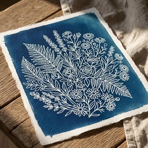 Può includere: Una stampa artistica botanica con un design floreale bianco su sfondo blu scuro. L'opera d'arte presenta vari fiori e fogliame, tra cui rose, margherite e felci. La carta ha un bordo strutturato e strappato, che ne aumenta l'appeal artistico.