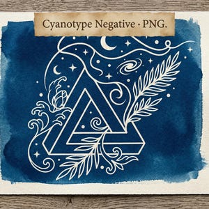 May include: A rectangular print featuring a deep blue watercolor background with a white line art illustration of a Penrose triangle surrounded by botanical ferns, swirling waves, stars, and a crescent moon. The text Cyanotype Negative PNG is visible.