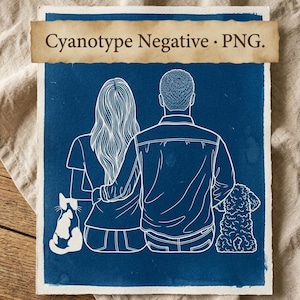 Puede incluir: Una impresión rectangular con fondo azul profundo y dibujos de líneas blancas de dos personas sentadas una al lado de la otra, acompañadas por un gato y un perro. El texto Cyanotype Negative · PNG. es visible en la imagen.