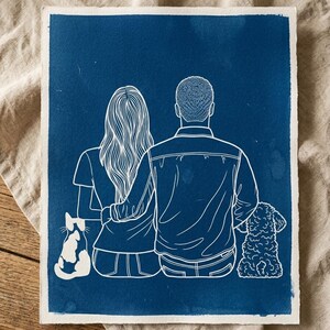 Puede incluir: Una impresión azul que representa a una pareja sentada de espaldas, con un gato y un perro. El arte lineal blanco muestra a la pareja abrazándose, con las mascotas a cada lado. El fondo es de color azul liso.