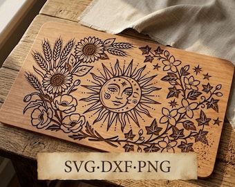 Celestial Sun Moon SVG, Botanical Boho Vector Design (Cut File)