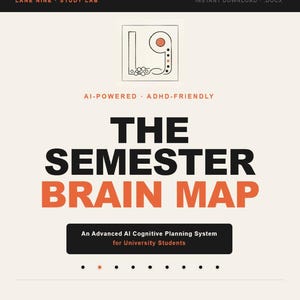 May include: A digital document titled The Semester Brain Map, an AI-powered ADHD-friendly cognitive planning system for university students. It features a logo with L9, 2 levels, 5 modules, reusable infinity symbol, AI-powered, and compatibility with ChatGPT, Claude, and any AI.