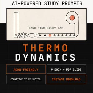 May include: An advertisement for a digital product, featuring the title "THERMO DYNAMICS" in orange. The image includes the text "90 FULLY CUSTOMIZABLE AI-POWERED STUDY PROMPTS" and other details like "ADHD-FRIENDLY" and "INSTANT DOWNLOAD".
