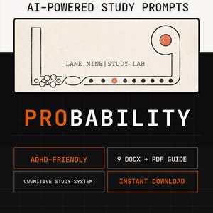 Könnte beinhalten: Eine digitale Produktgrafik mit dem Titel 90 FULLY CUSTOMIZABLE AI-POWERED STUDY PROMPTS und PROBABILITY. Sie zeigt eine Strichzeichnung eines Pfades mit Kreisen, den Text LANE NINE | STUDY LAB sowie Boxen mit der Aufschrift ADHD-FRIENDLY, 9 DOCX + PDF GUIDE, COGNITIVE STUDY SYSTEM und INSTANT DOWNLOAD.