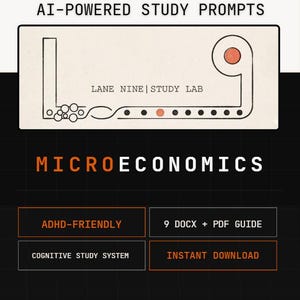 Può includere: Annuncio di un prodotto digitale con il testo "90 COMPLETAMENTE PERSONALIZZABILI AI-POWERED STUDY PROMPTS" e "MICROECONOMICS". Ulteriori testi includono "ADHD-FRIENDLY", "9 DOCX + PDF GUIDE", "COGNITIVE STUDY SYSTEM" e "INSTANT DOWNLOAD". Il design presenta uno schema di colori nero e arancione.