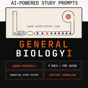 Può includere: Annuncio di un prodotto digitale con un design nero e arancione. Il testo evidenzia "90 RICHIESTE DI STUDIO COMPLETAMENTE PERSONALIZZABILI CON INTELLIGENZA ARTIFICIALE" e "BIOLOGIA GENERALE I". Altro testo include "ADHD-FRIENDLY", "9 DOCX + PDF GUIDE", "COGNITIVE STUDY SYSTEM" e "DOWNLOAD IMMEDIATO".
