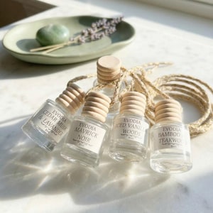 May include: Four small glass bottles with wooden caps and labels, each containing 8ml of fragrance. The labels read "EVODIA Cedar Musk & Lavender", "EVODIA Mavrick Noir", "EVODIA Iced Vanilla Woods", and "EVODIA Bamboo Teakwood". The bottles are connected by a natural fiber cord.