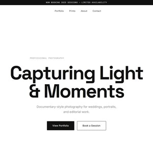 May include: Website homepage for Aperture, a professional photography service. The page features the text "Capturing Light & Moments" in large, bold letters. Below, it states "Documentary-style photography for weddings, portraits, and editorial work."
