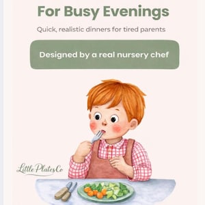 Può includere: Illustrazione di un bambino che mangia verdure. Il testo recita: "15 Quick Toddler Teas For Busy Evenings" e "15 easy meal ideas toddlers actually eat". Progettato da un vero chef di asilo nido.