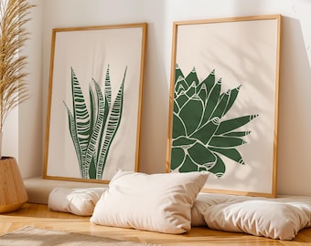 Botanical Abstract Plant Prints, Snake Plant, Houseleek, Minimalist Decor (Digital Download)