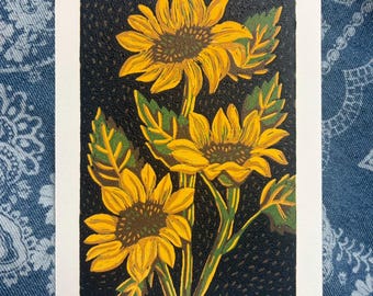 Sunflowers Linocut Print, MISPRINT SALE!!! Limited Edition Handmade Nature Floral Wall Art, Cottagecore Botanical Block Print (5x7)