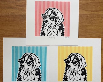 Diva Dog Linocut Print , Sunglasses and Scarf Dog Art, Australian Shepherd Art, Black and white dog , Stripes, Gifts for dog lovers (6x6)