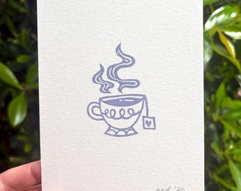 Mini Teacup Linocut Print Periwinkle | Hand Carved Block Art (4x6)