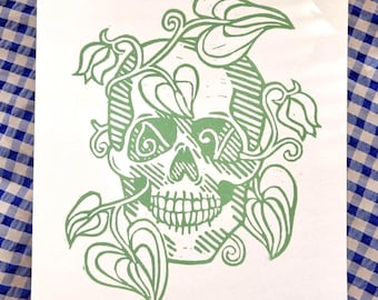 Botanical Skull Linocut Print | Hand Carved Block Art (6x8)