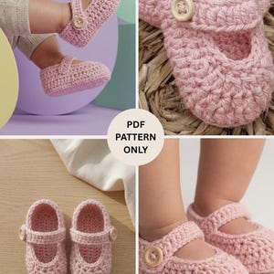 Könnte beinhalten: Rosa gehäkelte Babyschuhe mit Riemen und Holzknopfverschluss. Die Schuhe im Mary Jane-Stil werden in verschiedenen Ansichten gezeigt, darunter ein Paar an Babyfüßen. Der Text "PDF PATTERN ONLY" ist ebenfalls im Bild enthalten.