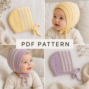 Puede incluir: Un patrón PDF para un gorro de bebé tejido a ganchillo con un diseño de rayas. El gorro se muestra en combinaciones de colores amarillo y blanco, y lavanda y blanco, con un cierre de lazo bajo la barbilla. El texto PDF PATTERN está centrado.