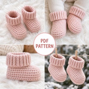 May include: A pair of light pink crocheted baby booties featuring a thick ribbed cuff and a solid textured foot. The image includes the text PDF PATTERN and shows the booties in various positions, including hanging from a clothesline.