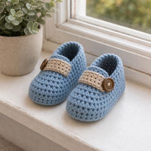 May include: A pair of light blue crochet baby booties featuring a beige strap across the top of the foot. Each bootie is accented with a single round brown wooden button on the side of the strap. The texture is consistent throughout the design.