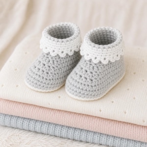 Scalloped Cuff Baby Booties Crochet Pattern, Lace Trim Bootie PDF Tutorial, Newborn Girl Shoes, Baby Shower Gift
