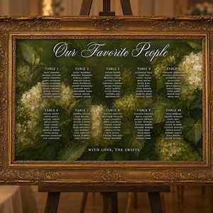 May include: A rectangular wedding seating chart in an ornate, antique gold frame. The dark green background features white hydrangea floral illustrations. The text reads Our Favorite People, lists tables 1 through 10 with names, and With Love, The Swifts.