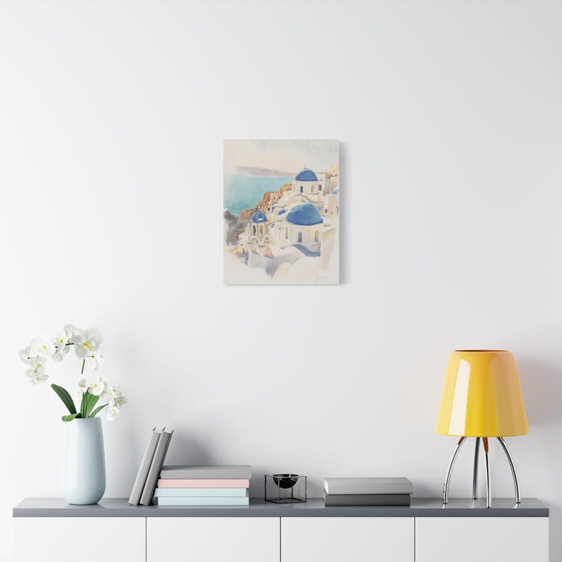 Santorini Watercolor Canvas Print, Coastal Mediterranean Wall Art, Whitewashed Buildings (1.25" Gallery Profile) image 6