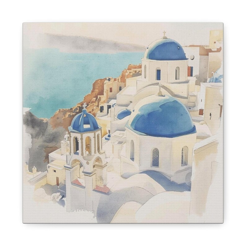 Santorini Watercolor Canvas Print, Coastal Mediterranean Wall Art, Whitewashed Buildings (1.25" Gallery Profile) image 11