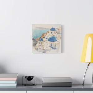 Santorini Watercolor Canvas Print, Coastal Mediterranean Wall Art, Whitewashed Buildings (1.25" Gallery Profile) image 18