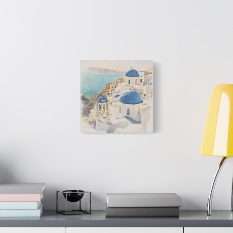 Santorini Watercolor Canvas Print, Coastal Mediterranean Wall Art, Whitewashed Buildings (1.25" Gallery Profile) image 18