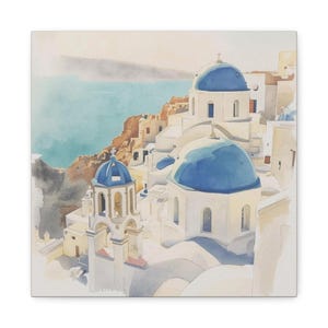 Santorini Watercolor Canvas Print, Coastal Mediterranean Wall Art, Whitewashed Buildings (1.25" Gallery Profile) image 16