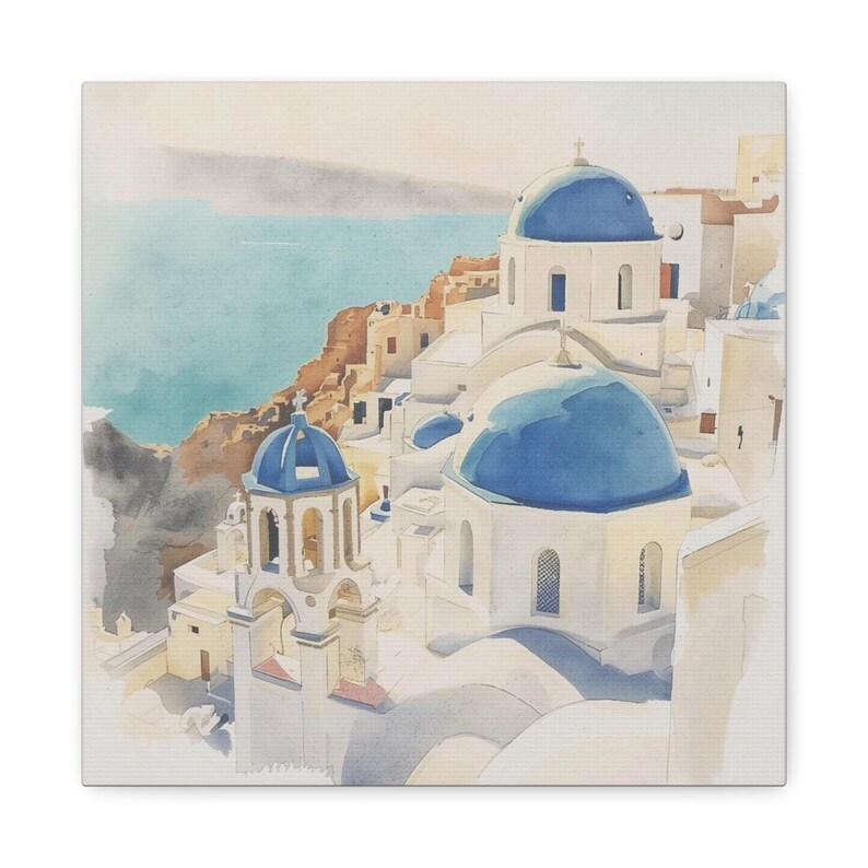 Santorini Watercolor Canvas Print, Coastal Mediterranean Wall Art, Whitewashed Buildings (1.25" Gallery Profile) image 16