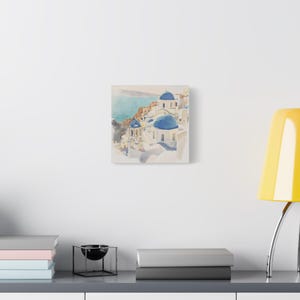 Santorini Watercolor Canvas Print, Coastal Mediterranean Wall Art, Whitewashed Buildings (1.25" Gallery Profile) image 13