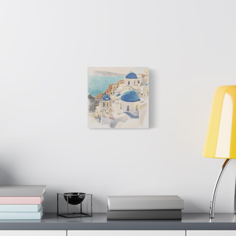 Santorini Watercolor Canvas Print, Coastal Mediterranean Wall Art, Whitewashed Buildings (1.25" Gallery Profile) image 13