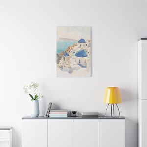 Santorini Watercolor Canvas Print, Coastal Mediterranean Wall Art, Whitewashed Buildings (1.25" Gallery Profile) image 7