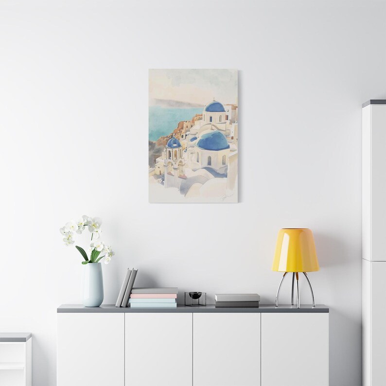 Santorini Watercolor Canvas Print, Coastal Mediterranean Wall Art, Whitewashed Buildings (1.25" Gallery Profile) image 7