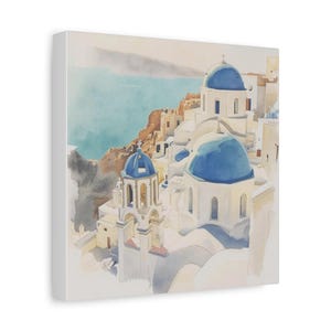 Santorini Watercolor Canvas Print, Coastal Mediterranean Wall Art, Whitewashed Buildings (1.25" Gallery Profile) image 12