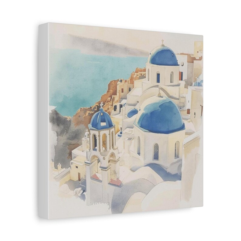 Santorini Watercolor Canvas Print, Coastal Mediterranean Wall Art, Whitewashed Buildings (1.25" Gallery Profile) image 12