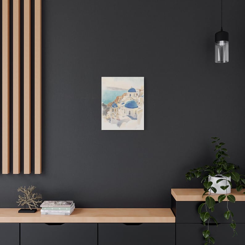 Santorini Watercolor Canvas Print, Coastal Mediterranean Wall Art, Whitewashed Buildings (1.25" Gallery Profile) image 5