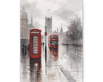 London Red Telephone Booth and Double-Decker Bus Canvas