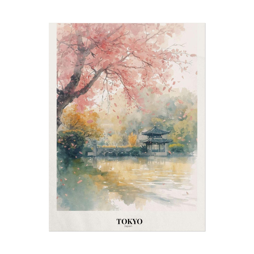 Tokyo Cherry Blossom Poster | Rolled Poster, Watercolor Landscape - Etsy