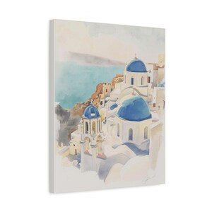 Santorini Watercolor Canvas Print, Coastal Mediterranean Wall Art, Whitewashed Buildings (1.25" Gallery Profile) image 8
