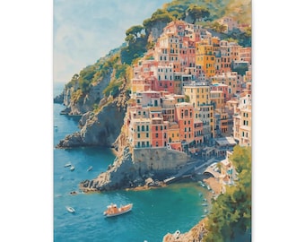 Colorful Amalfi Coast Canvas Wall Art | Mediterranean Matte Stretched Canvas