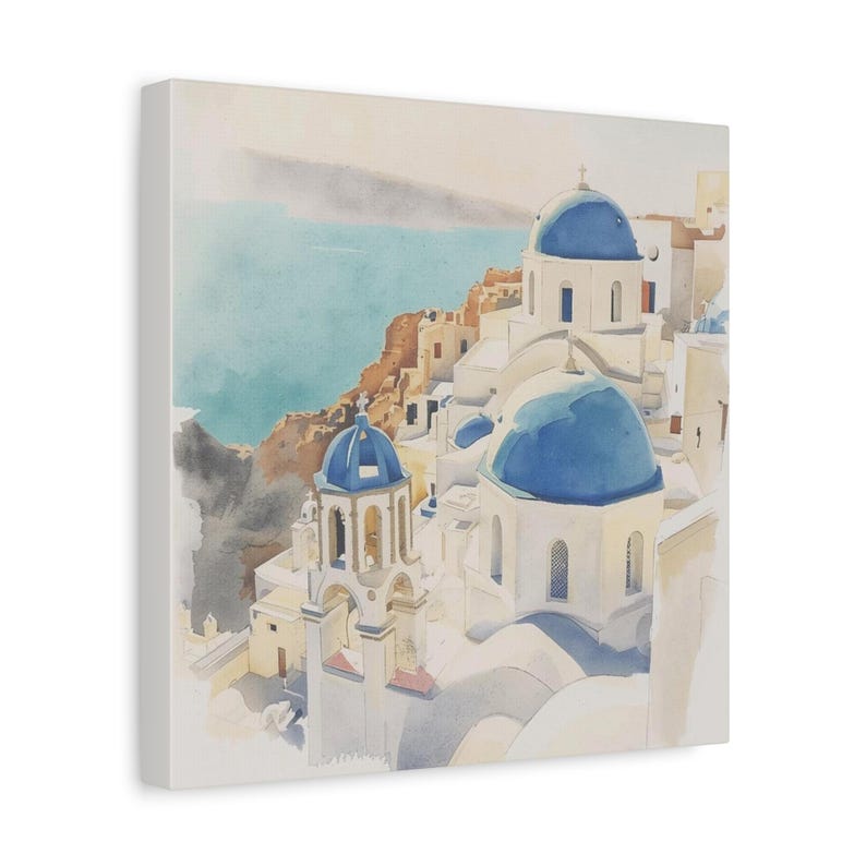 Santorini Watercolor Canvas Print, Coastal Mediterranean Wall Art, Whitewashed Buildings (1.25" Gallery Profile) image 17