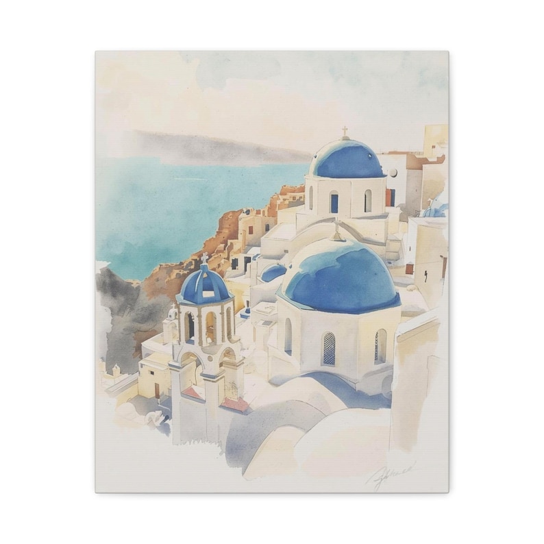 Santorini Watercolor Canvas Print, Coastal Mediterranean Wall Art, Whitewashed Buildings (1.25" Gallery Profile) image 1
