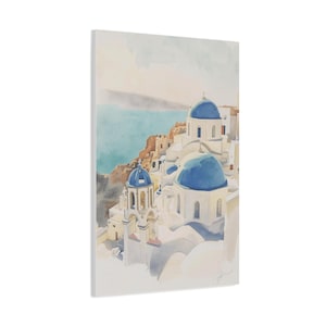 Santorini Watercolor Canvas Print, Coastal Mediterranean Wall Art, Whitewashed Buildings (1.25" Gallery Profile) image 9