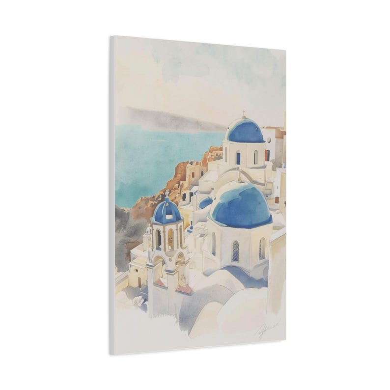 Santorini Watercolor Canvas Print, Coastal Mediterranean Wall Art, Whitewashed Buildings (1.25" Gallery Profile) image 9