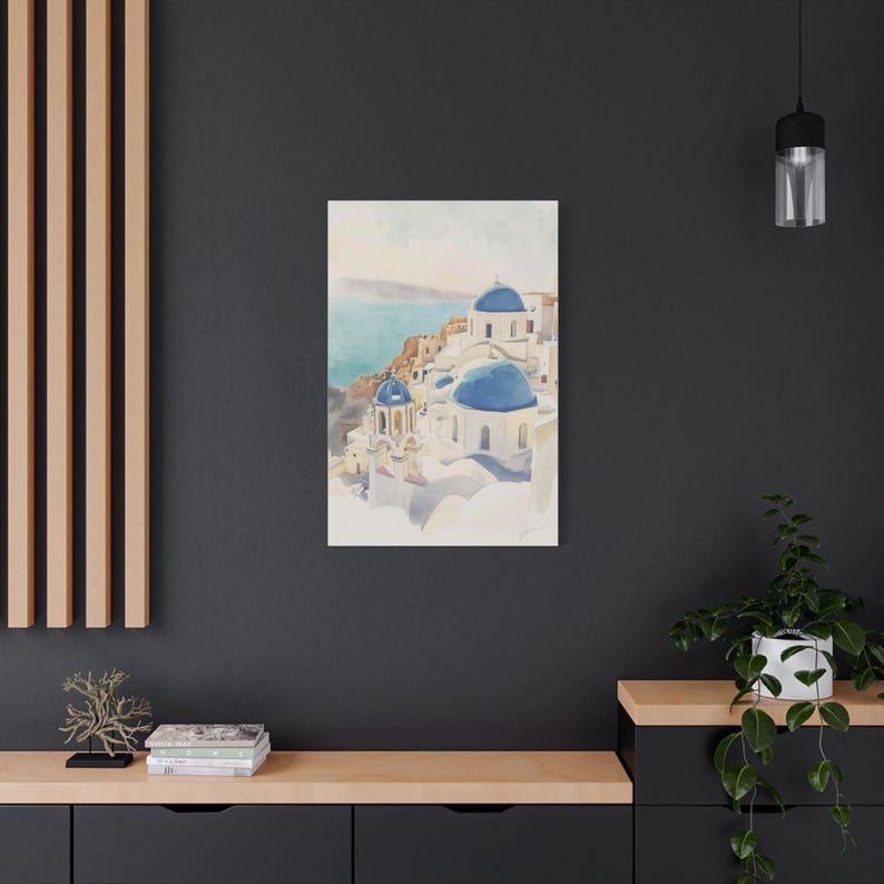 Santorini Watercolor Canvas Print, Coastal Mediterranean Wall Art, Whitewashed Buildings (1.25" Gallery Profile) image 2