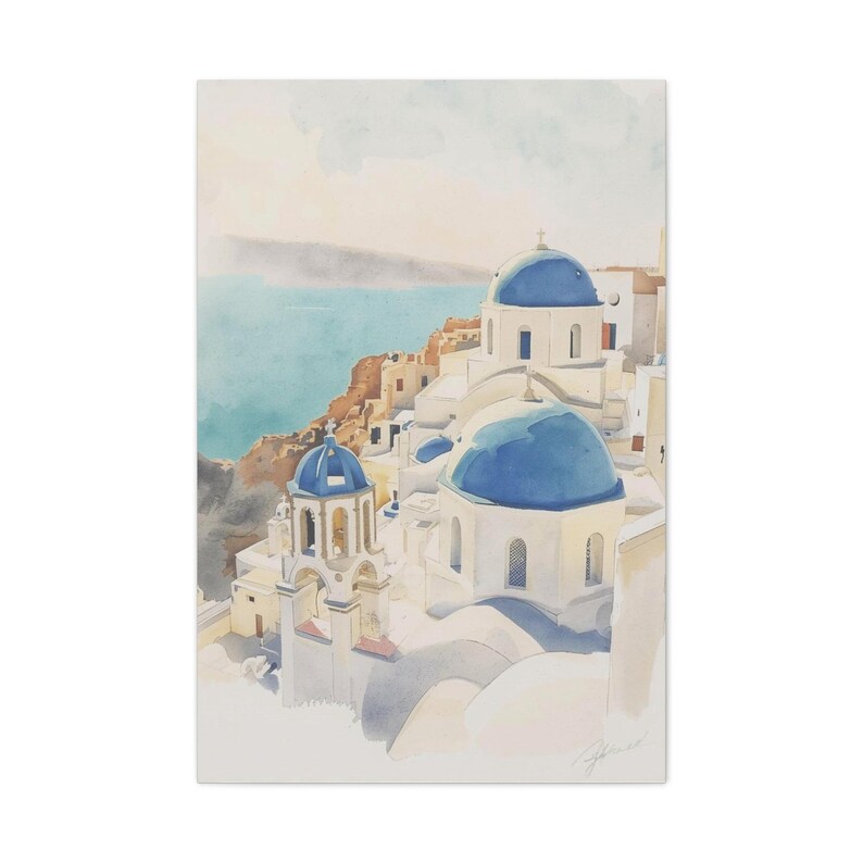 Santorini Watercolor Canvas Print, Coastal Mediterranean Wall Art, Whitewashed Buildings (1.25" Gallery Profile) image 10