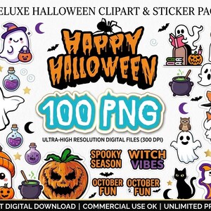 Peut inclure: Un ensemble numérique de cliparts et d'autocollants d'Halloween avec des fantômes, citrouilles, chats noirs, hiboux, chaudrons et chauves-souris. Le texte indique Happy Halloween, 100 PNG, Ultra-High Resolution Digital Files 300 DPI, Spooky Season, Witch Vibes, October Fun.