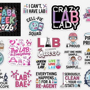 Puede incluir: Una colección de pegatinas coloridas con diseños temáticos de laboratorio. Las pegatinas presentan frases como "Lab Week 2026", "Crazy Lab Lady" y "Pipette Princess". Otras pegatinas incluyen equipos de laboratorio y símbolos científicos.