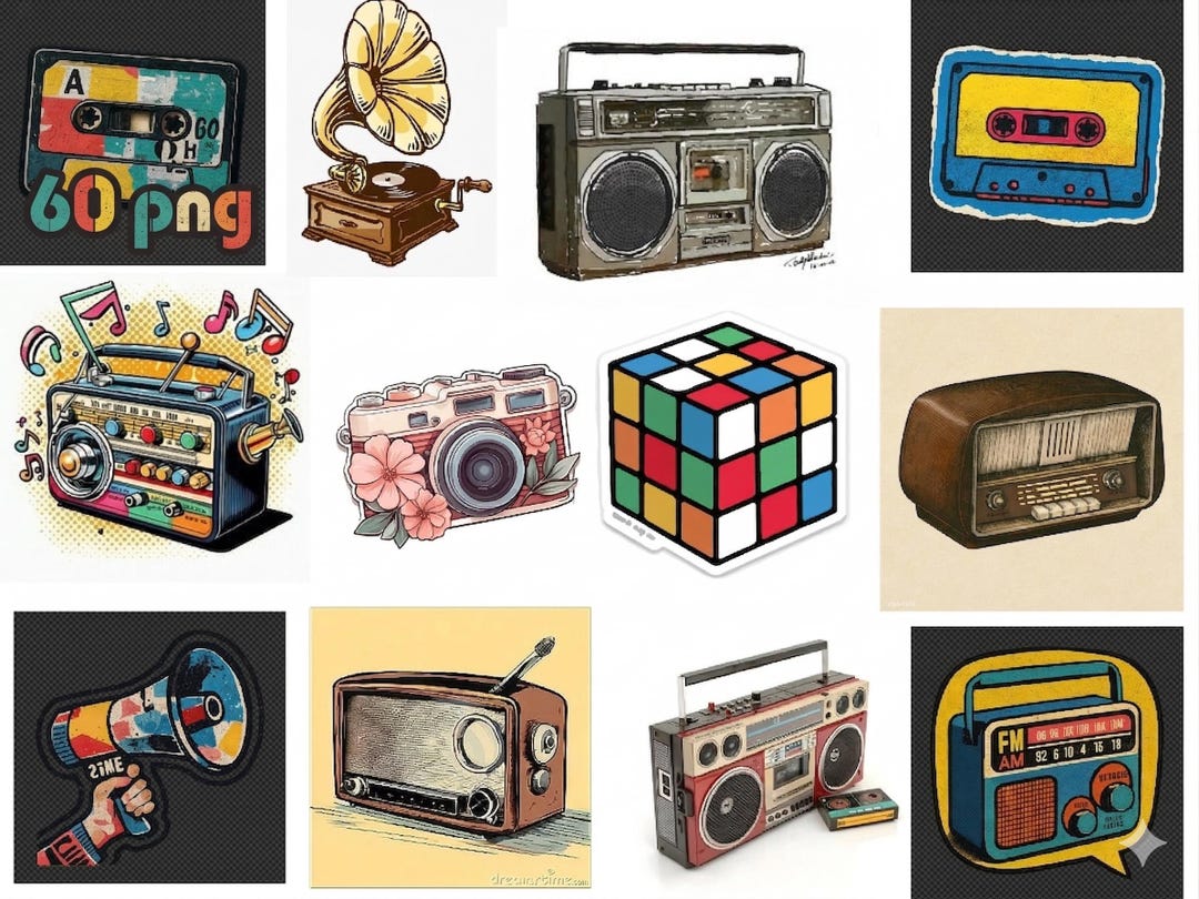 Retro 60 PNG Bundle, Vintage 80s 90s Clipart, Boombox Cassette ...